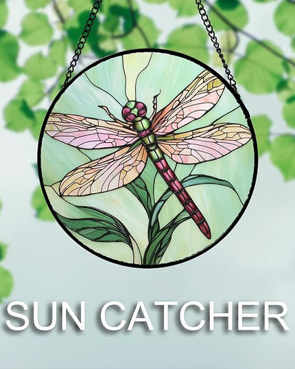 Stained Glass Window Hanging 4 Pcs Set Pink Green Insect Theme Large 15" - Butterfly Suncatcher Door Garden Sun Catcher Decor Birthday Christmas for Mom Woman Nana Men