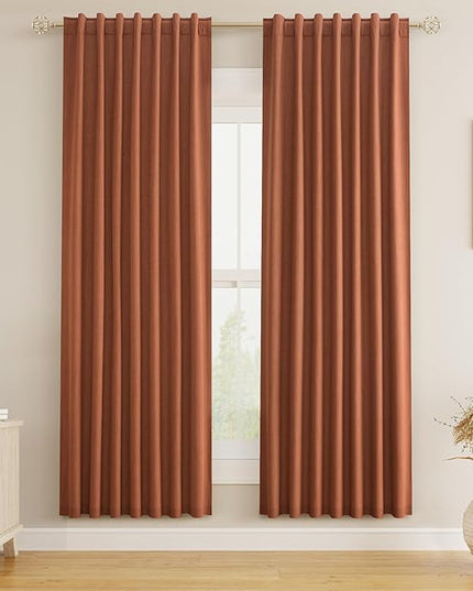 Guken Terracotta Linen Blackout Curtains 72 Inch Length 2 Panels Set Fall Curtains for Living Room Bedroom Back Tab Thermal Insulated 100% Black Out Linen Drapes, 52x72