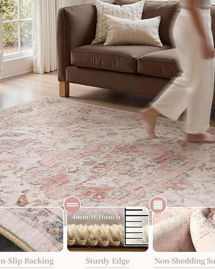 PADOOR-Vintage Area Rug 5X7 Rugs for Living Room-Soft Pink Rugs for Bedroom-Machine Washable Rugs Non Slip Carpet-Rug for Dining Room Living Room Bedside Office