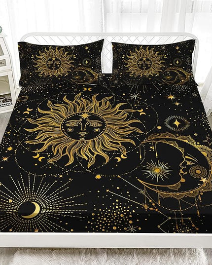 AILONEN Sun and Moon Fitted Sheet Full Size, Boho Hippie Style Bedding Sheet,Starry Night with Astrology Pattern Sheet Set for Boys Girls,1 Fitted Sheet 2 Pillowcases,3 PCS,Perfect for Adult Rooms