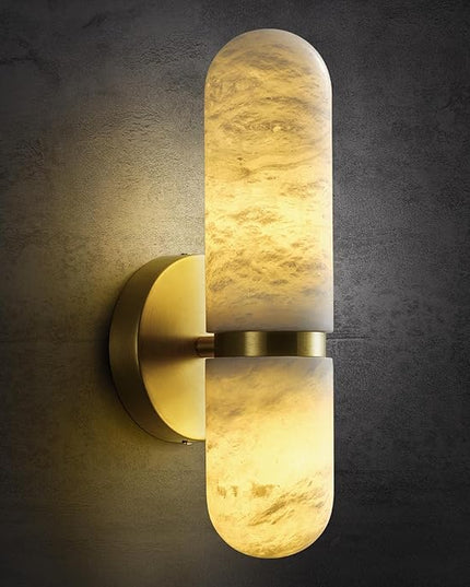 Alabaster Wall Sconces, 13in Brass Alabaster Sconce, Modern Spanish Natural Marble Sconces Lights, Gold Sconces for Bathroom Vanity Bedroom Living Room Staircases Hallway