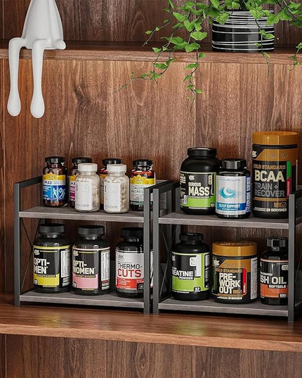 Giikin Countertop Shelf Organizer, 2 Tier Kitchen Spice Rack Organizer for Countertop, Wood Coffee Counter Shelf Organizer for Home (Grey, S)