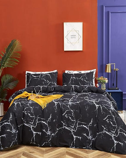 CLOTHKNOW Black White Grey Full Size Comforter Sets Marble Bedding Comforter Sets Soft All Season Black Comforters with 2 x Pillow Cases