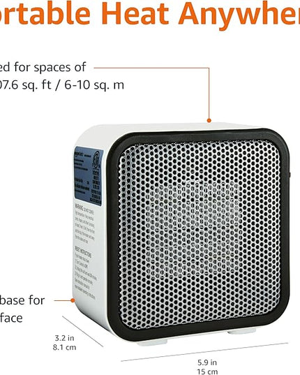 Amazon Basics Portable Mini Ceramic Space Heater, for Office Desk and Indoor Use, 500 W, With Tip-Over Protection, Lightweight (1.4 LBS), White, 5.9 x 3.2 x 6 inches