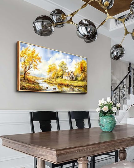 ERQINHUA Canvas Wall Art For Living Room Farmhouse Dining Room Home Wall Decor For Bedroom Office Wall Decoration Yellow Pastoral Creek Landscape Painting Wood Frame Prints Pictures Artwork 20"x40"