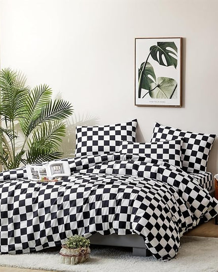 CLOTHKNOW Black White Plaid King Size Comforter Set Grid Bedding Comforter Sets Soft Checkered Comforter Black White Comforter with 2 x Pillow Cases