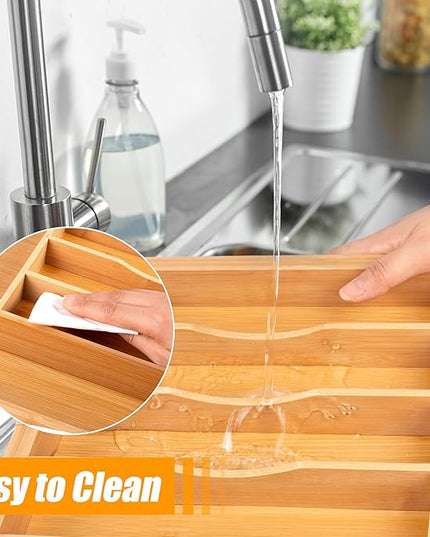 Bellsal Large Premium Bamboo Silverware Organizer - Expandable Utensil Drawer Organizer - 17"x19.6" Utensil Holder and Cutlery Tray with Grooved for Kitchen Flatware and Utensils Mother's Day Gift