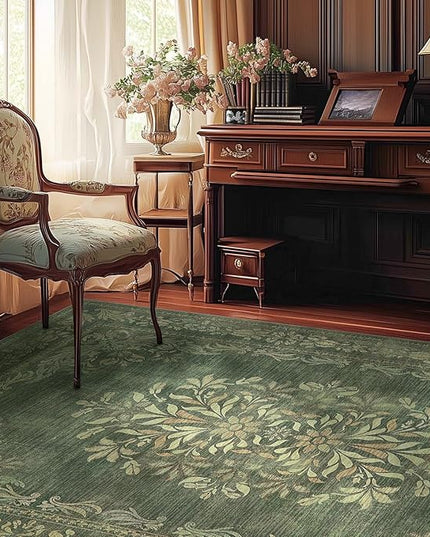 jinchan Green Floral 5x7 Area Rugs for Living Room - Machine Washable Distressed Vintage Design Soft Low-Pile Non-Slip Christmas Carpet for Dining Room Bedroom Home Office Nursery (5x7ft, Dark Green)