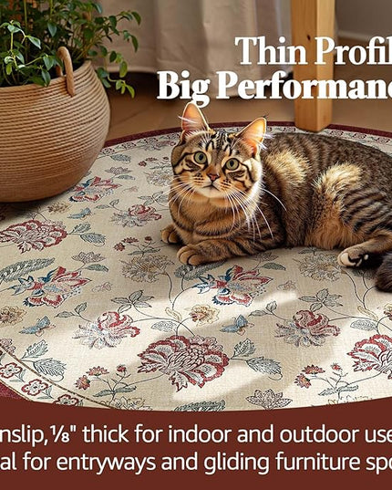 jinchan Elora 7ft Floral Round Rug for Washable Living Room Rug Vintage Romance Christmas Design Non Slip Indoor Floor Cover Lightweight Low-Profile Throw Carpet for Bedroom Porch, Red/Beige