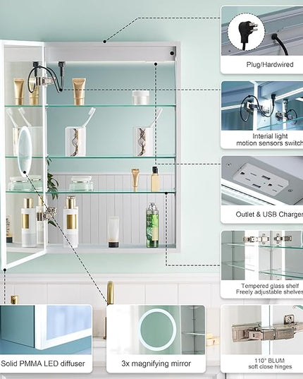 WELLFOR 20" X 30" Medicine Cabinet with Lights, 3X Magnification, Anti-Fog Mirrored Cabinet, Bathroom Vanity Medicine Cabinet with Outlets & USB Ports, Left Opening Door