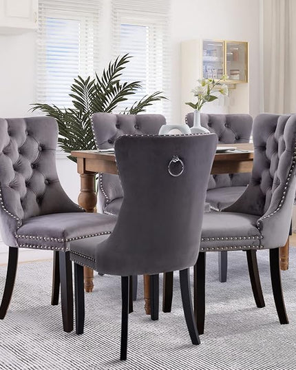 SoarFlash Velvet Dining Chairs Set of 6, Tall Back Side Chair, Modern Upholstered High-end Tufted Side Chair with Button Back Ring, Solid Wood Legs (Gray)