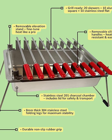 𝗖𝗵𝗮𝗿𝗰𝗼𝗮𝗹 𝗞𝗮𝗯𝗼𝗯 𝗚𝗿𝗶𝗹𝗹 by 𝗡𝗼𝗿𝘁𝗵 𝗚𝗿𝗶𝗹𝗹𝘀: precise heat control, silicone-handle square & flat skewers, charcoal starter tool, tongs, BBQ gloves, and storage & travel bags.