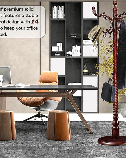 Coat Racks Free Standing with 14 Hooks, Natural Wood Coat Stands for Entryway, Adjustable Height 73 in Tree Coat Rack Stand for Hallway Home Office Bedroom (Mahogany)