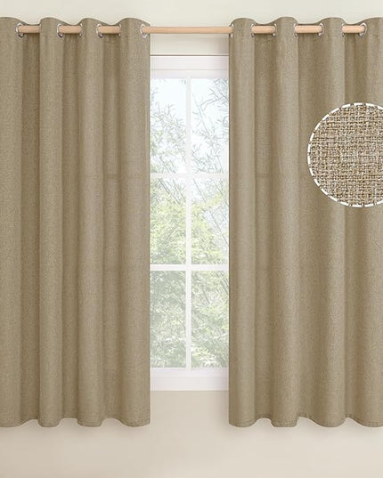 LAMIT Linen Textured Curtains for Living Room, 63 inches Long Grommet Thermal Insulated Thick Burlap Curtains Light Filtering Panels for Bedroom/Farmhouse, Set of 2 Panels, W52 x L63, Tan Brown