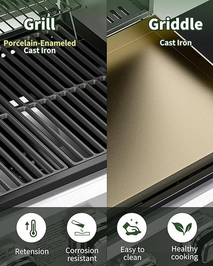 Brand-Man Griddle Grill Combo 6-Burner, 2 in 1 Versatile Propane Gas Grill and Griddle with Double Stainless Steel Lids, BBQ Combo for Outdoor Kitchen & Backyard Barbecue Cooking