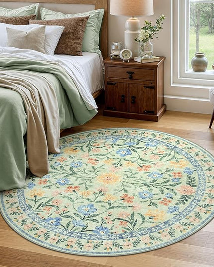 Wonnitar Washable Round Area Rug, 5ft Green Floral Round Rug Boho Soft Circle Carpet, Non Slip Low Pile Circle Accent Carpets for Kitchen Living Room Entryway Bedroom