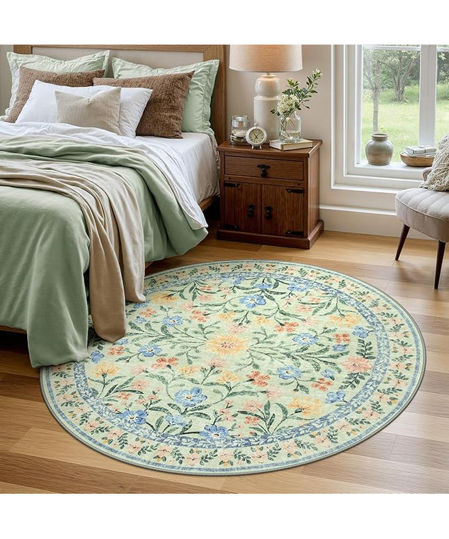 Wonnitar Washable Round Area Rug, 5ft Green Floral Round Rug Boho Soft Circle Carpet, Non Slip Low Pile Circle Accent Carpets for Kitchen Living Room Entryway Bedroom