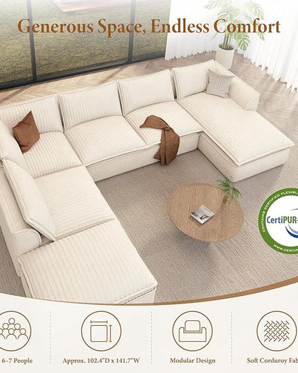 Vesgantti 141.7" Oversized Sectional Boneless Couch, Modern 7 Seater Modular Sofa with Chaise & Ottoman, Deep Seat Plush Corduroy Cloud Couches for Living Room, No Assembly Required, Beige