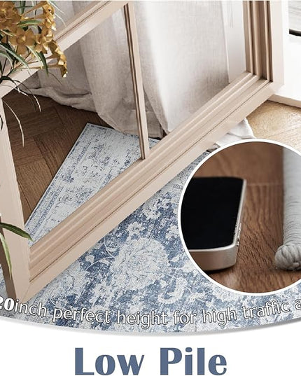 jinchan Fiora Runner Rug 2x6 Washable Hallway Runner - Vintage Floral Non Slip Low-Pile Soft Thin Kitchen Rug Distressed Carpet for Farmhouse Bedroom Entryway Laundry Room(2x6ft, Dark Blue)