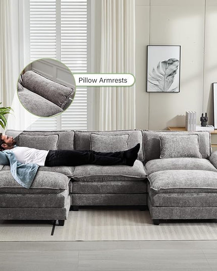 120" Modular Sectional Sofa, Comfy Cloud Couch Sectional Sofa with Ottoman, Chenille Sofa Sleeper Deep Seat Sofa with Throw Pillows for Living Room (Light Gray, 120"- U Shape)