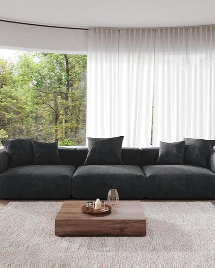 JACH 142"" Luxurious Sectional Couch Sofa with 5 Pillows, Deep Seat Modular Sectional Couch, Cushion Covers Removable, Huge Plus Sofas Couches for Living Room, Office, Apartment, Black, 3-Seater