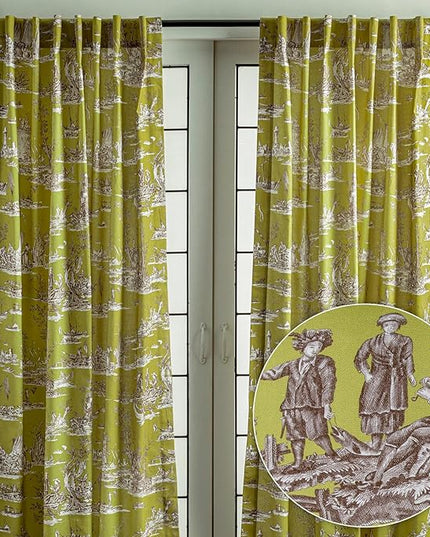 Maison d' Hermine Curtains for Living Room 100% Cotton 108 inch Length Two Panels Light Filtering Toile Curtains for Bedroom Windows with Rod and Loop Pockets Drapes (Calais Celery, 50" W x 108" L)