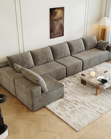 139.4" Modular Sectional Sofa, U-Shaped Minimalist Couches with Ottoman and Middle Seat, Modern Deep Seat Convertible Sleeper Sofa Bed, Reversible Chaise, Cloud Plush Corduroy Fabric,6 Seater, Camel