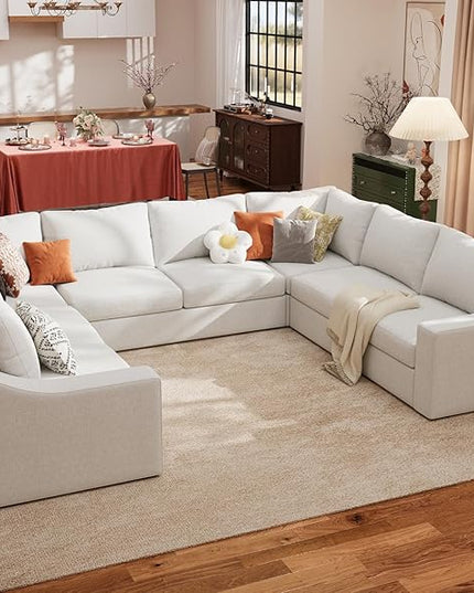 ABCASA U Shaped Sectional Sofa with Detachable Cover, Modular Couch for Living Room, Breathable Linen Fabric Corner Couch with 11 Seats, Ivory