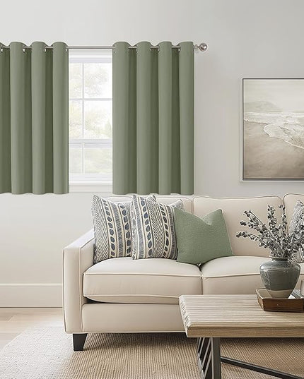 ChrisDowa 100% Blackout sage Solid Curtains 45 Inches Long 2 Panels for Bedroom Living Room,Farmhouse Room Darkening Thermal Insulated Soundproof Grommet Top Window Treatment Drapes,52x45