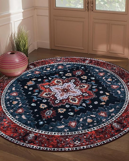 Ciicool Boho 5x5ft Round Area Rug Washable Bedroom Rug Non-Slip Oriental Entryway Throw Rug Low-Pile Indoor Carpet for Dining Room
