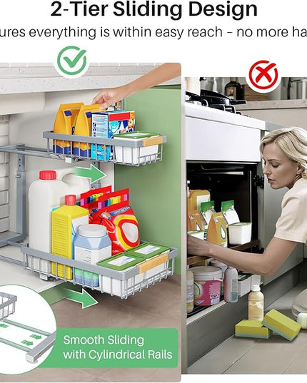 Pull out Cabinet Organizer, 1 Pack Under Sink Organizer, Slide out Metal Kitchen Cabinet Organizers Drawer Shelf, Sliding Storage Shelves for Kitchen Bathroom Pantry Closet Organization Rack(Grey)