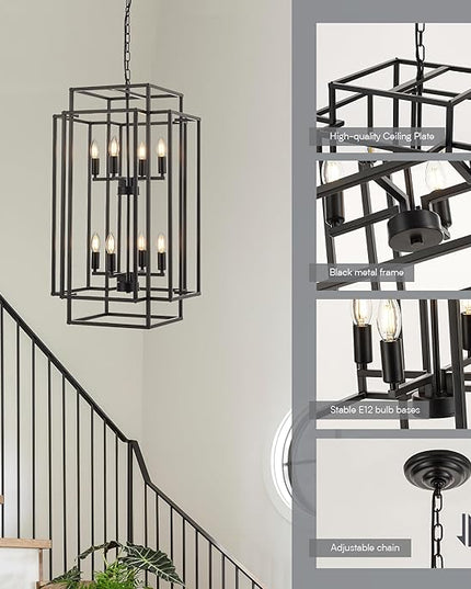 8-Light Lantern Tiered Pendant Light Fixtures, Black Metal Farmhouse Chandelier Hall Foyer Hanging Chandelier for Kitchen Island Dining Room Living Room Foyer Entryway, Black