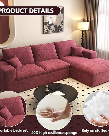 107'' L-Shaped Modern Modular Sectional Cloud Couch, 4-Seat Chenille Deep-Seat Sofa with Pillow for Living Room, Bedroom, Apartment, Wine Red