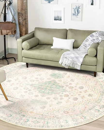 MUJOO Round Rugs 6ft,Circle Area Rug Washable,Circular Rugs for Living Room Dining Room,Large Boho Non Slip Throw Carpet Light Pink and Green