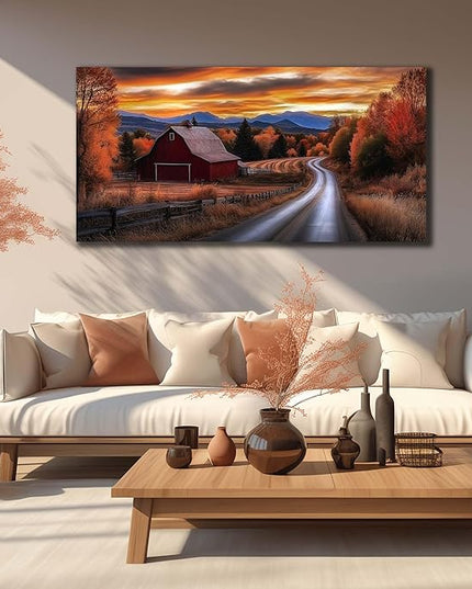 JuhaiArt Large Natural Wall Art Landscape Canvas Decor Fall Canvas Picture for Living Room Bedroom Red Barn Farmhouse Artwork 29" x 59"