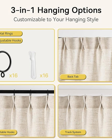 Pinch Pleated Linen Curtains 90 Inches Long - Light Filtering Curtains for Living Room, Semi Sheer Window Curtains for Bedroom, Luxury Pinch Pleated Drapes with Hooks and Rings, Natural, 2 Panels Set