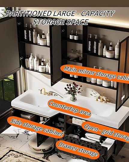 88IN Floating Bathroom Vanity with Sink, Double Sink Bathroom Vanities Set, with LED Smart Defog Mirror Cabinet | Equipped with Basins of Different Heights & 2 Drawers (Dark Coffee Color)