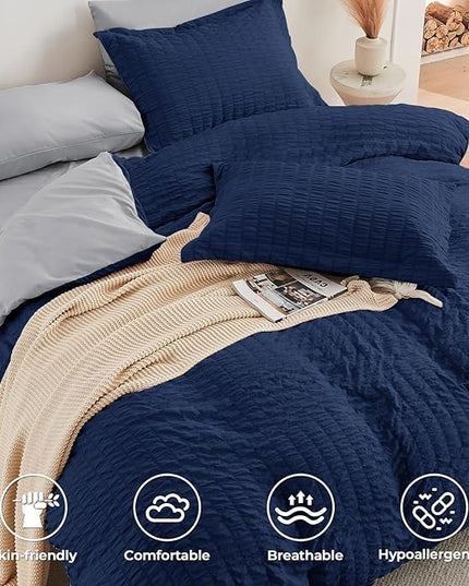 HYMOKEGE Navy Blue/Light Grey California King Comforter Set Seersucker 7 Pieces, All Season Luxury Bed in a Bag for Bedroom, Bedding Set with Comforter, Sheets, Pillowcases & Shams