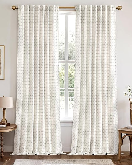 MIULEE Decorative Back Tab Linen Curtains with Geometric Pattern for Living Room Bedroom Farmhouse Rustic Thick Woven Textured Patterned Mudcloth Drapes 96 Inches Long 2 Panels Set, Pure White
