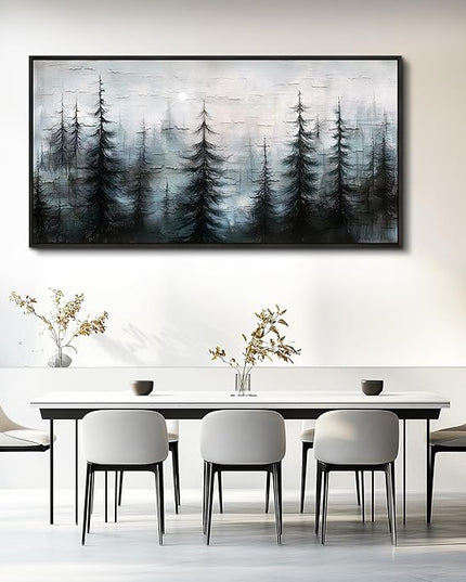 XIGUANGART Black Framed Canvas Wall Art Misty Forest Landscape Pictures Nature Farmhouse Abstract Watercolour Painting Wall Decor Living Room, Bedroom Bathroom Home Office Mural Decorations Artwork