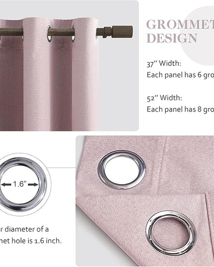 100% Blackout Pink Linen Curtains 90 Inch Length for Bedroom Living Room, Soundproof Thermal Insulated Privacy Lightweight Grommet Drapes for Girls Room, Pink, W52 x L90, 2 Panels