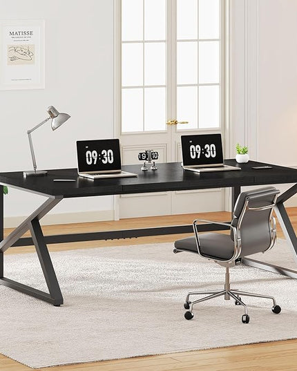 IBF Long Black Computer Desk, Large Executive Office Desk for 2 People Work Writing Study, 70 Inch Industrial Metal Wood Dual Monitor Desk Workstation, Modern Simple Double PC Gaming Table in Bedroom