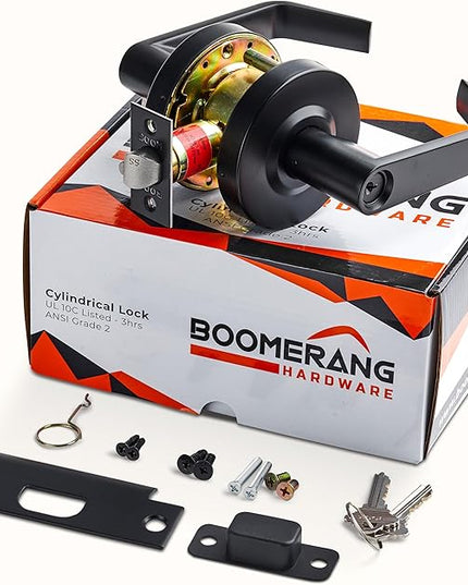 Boomerang Entry Function - ADA Commercial Door Lever Lock - Heavy-Duty Locking Door Handle, Cylindrical Lever Lock, Non-Handed Grade 2, Matte Black (US19), Entrance/Keylock