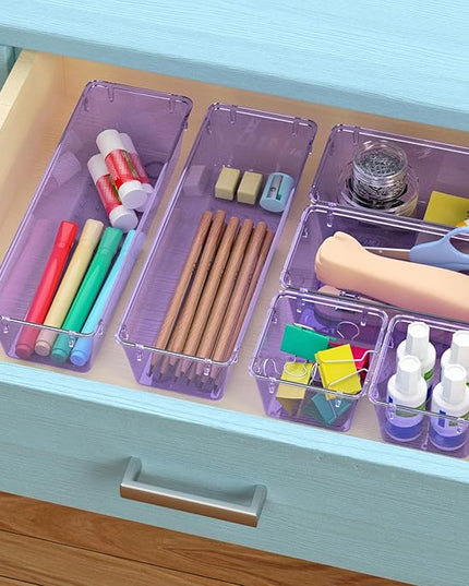 WOWBOX 9 Pack Clear Drawer Organizer Set, Acrylic Drawer Storage Trays, Storage Bins for Makeup, Cosmetics, Jewelries, Utensils, Gadgets, Office, Purple