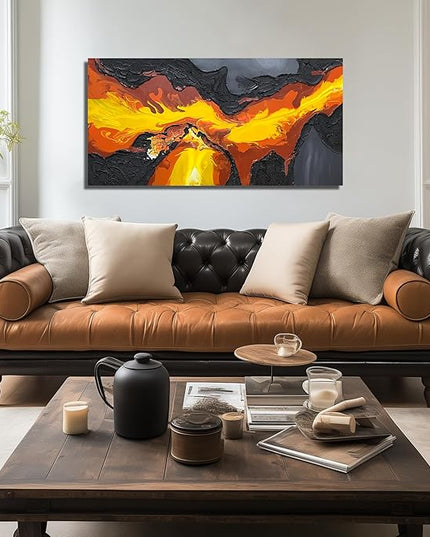 GUGIKA Abstract Wall Art for Living Room, Black and Gold Yellow Volcanic Lava Canvas Wall-Decor for Bedroom, Hand Painted 3D Textured Magma Paintings, Size 47x24 Inches