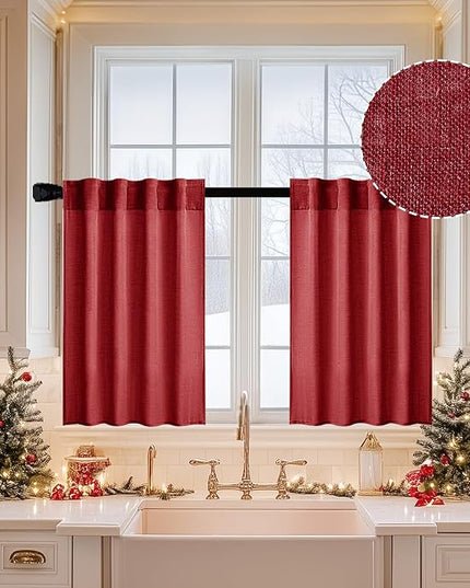 MIULEE Burgundy Red Kitchen Curtains 24 Inch Length 2 Panels, Soft Thick Linen Textured Semi Sheer Light Filtering Short Cafe Tier Curtains for Small Half Window Back Tab Rod Pocket Christmas Decor