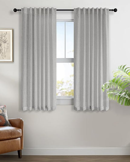 Light Grey Curtains 45 Inch Length for Kitchen Door 2 Panels Sets Rod Pocket Back Tab Loops Flax Linen Semi Transparent Opaque Short Gray Curtains for Bathroom Small Window Bedroom Contemporary Decor