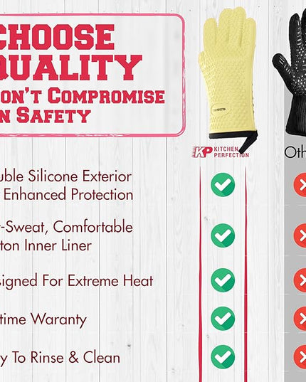 KITCHEN PERFECTION S Silicone Smoker Oven Gloves for Women -Extreme Heat Resistant BBQ Gloves -Handle Hot Food Right on Your Grill Fryer |Waterproof Oven Mitts Cooking Gloves |Superior Set+3 Bonuses