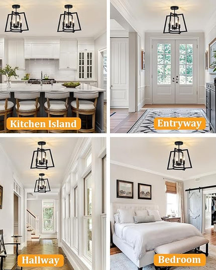 TOULMJ 14.56" Ceiling Light Fixture, 4-Light Farmhouse Black Semi-Flush Mount Ceiling Light for Kitchen Island Laundry Room Bedroom Dining Room Hallway Entryway