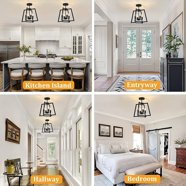TOULMJ 14.56" Ceiling Light Fixture, 4-Light Farmhouse Black Semi-Flush Mount Ceiling Light for Kitchen Island Laundry Room Bedroom Dining Room Hallway Entryway
